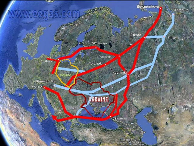 Ρωσικοί Αγωγοί Φυσικού Αερίου προς την Ευρώπη (η τελευταία κόκκινη γραμμή είναι ο South Stream που προς το παρόν έχει ακυρωθεί)